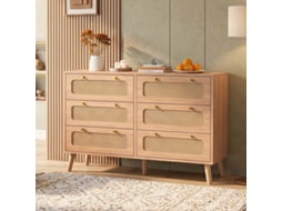 Cómoda de 6 Gavetas em Rattan e Madeira, Aparador de Arrumação para Quarto e Sala, Cor Madeira Natural, 73x100x34 Cm LAZYSPACE