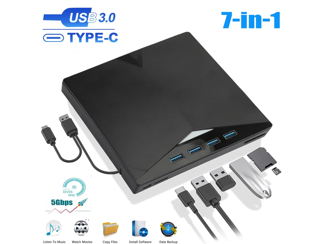 Unidade externa de CD/DVD 7 em 1 para laptop USB 3.0 USB-C, leitor de ROM +/RW portátil com slots para cartucho TF/SD AQUAFORGE