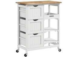 Carrinho Auxiliar com Rodas para Cozinha,3 Gavetas,2 Prateleiras Abertas e Bandeja Extraível,67x37x85.5cm,branco BTFORUS