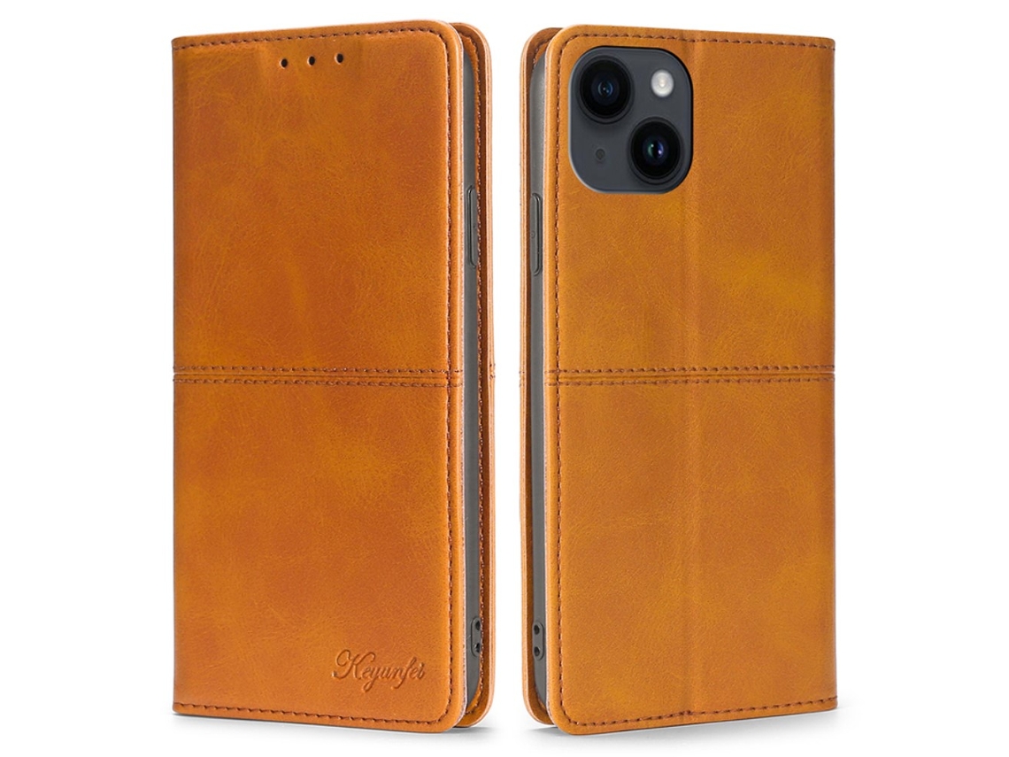 Capa Genuíno Para Iphone 15 Plus Pele Magnética Com Porta-cartões Castanho