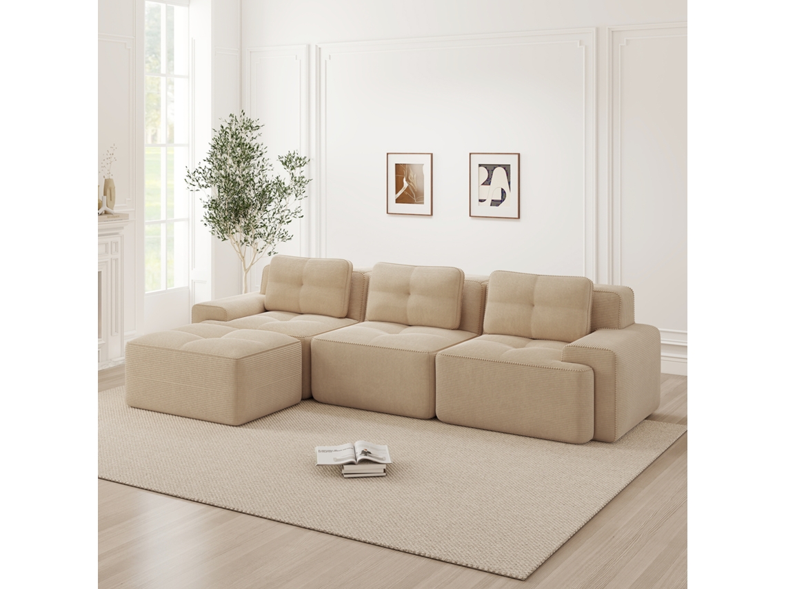 Sofá Modular Cloud Bege L, Sem Ossos, Com Puff, 3l, Veludo Cotelê.-kd