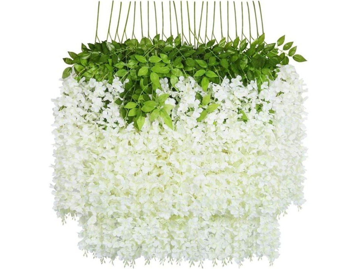 Conjunto de 24 Ramos Artificiais de Glicínia em Seda para Decoração de Casamentos e Festas, com 110 Cm Cada Ramo. AQUAFORGE