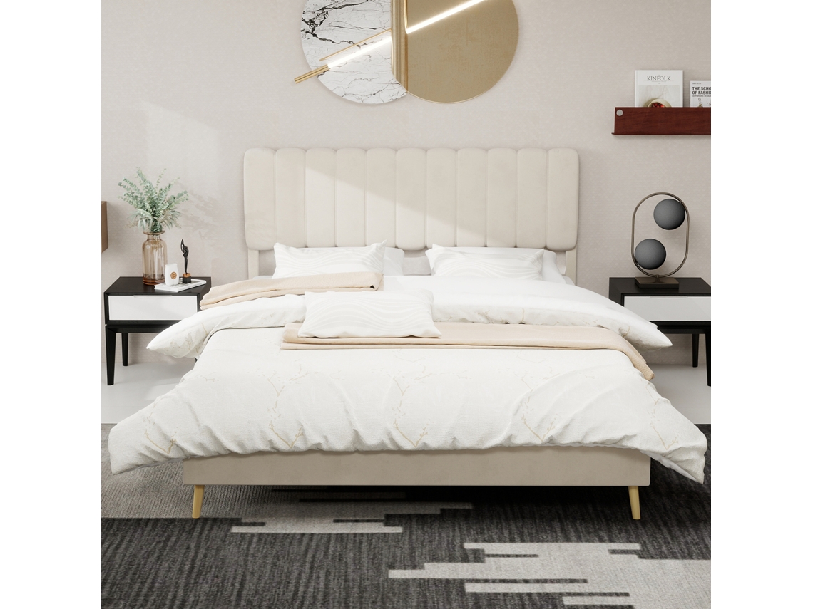 Cama Estofada 160x200 - Cabeceira Acolchoada, Base Baixa Sem Arrumação - Bege