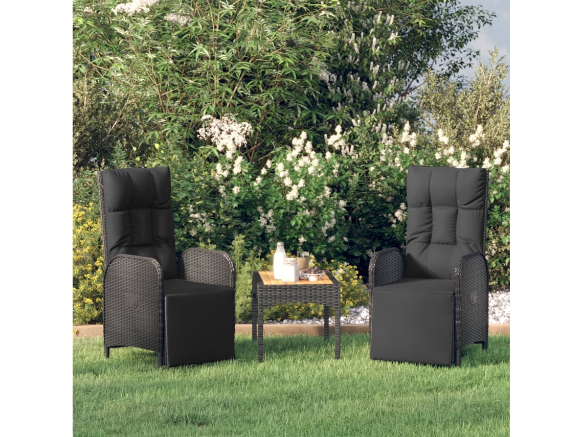 Vidaxl Poltronas Reclináveis Exterior C/ Almofadões 2pcs Vime Pe Preto