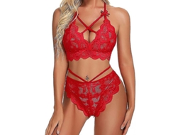 Conjunto de lingerie feminina sexy de renda, modelo 2026, com busto profundo e cintura alta.