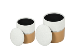 Conjunto de 2 pufes para poltrona, estofados em chenille e com assento acolchoado em PU, ideais para hall de entrada, quarto ou sala de estar, nas cores castanho e creme.