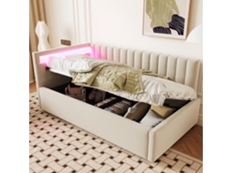 Sofá Cama 90x200 Com Led, Armário Hidráulico, Samt Bege Listras Verticais