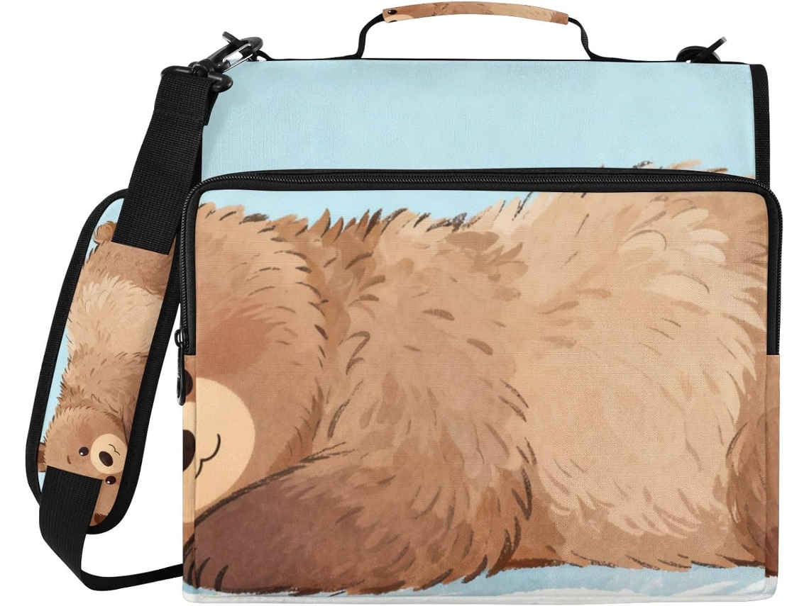 Pasta com 3 argolas e estampa Urso Marrom, bolsos extras, bolsa impermeável com zíper, mochila escolar, bolsa