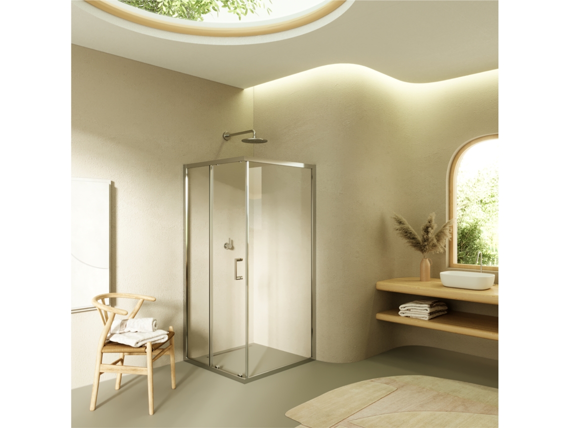 Cabine de Duche Dora 100x100x190cm com Porta de Correr e 1 Painel Fixo, Perfis Cromados e Vidro Temperado Transparente, Moments of Glass