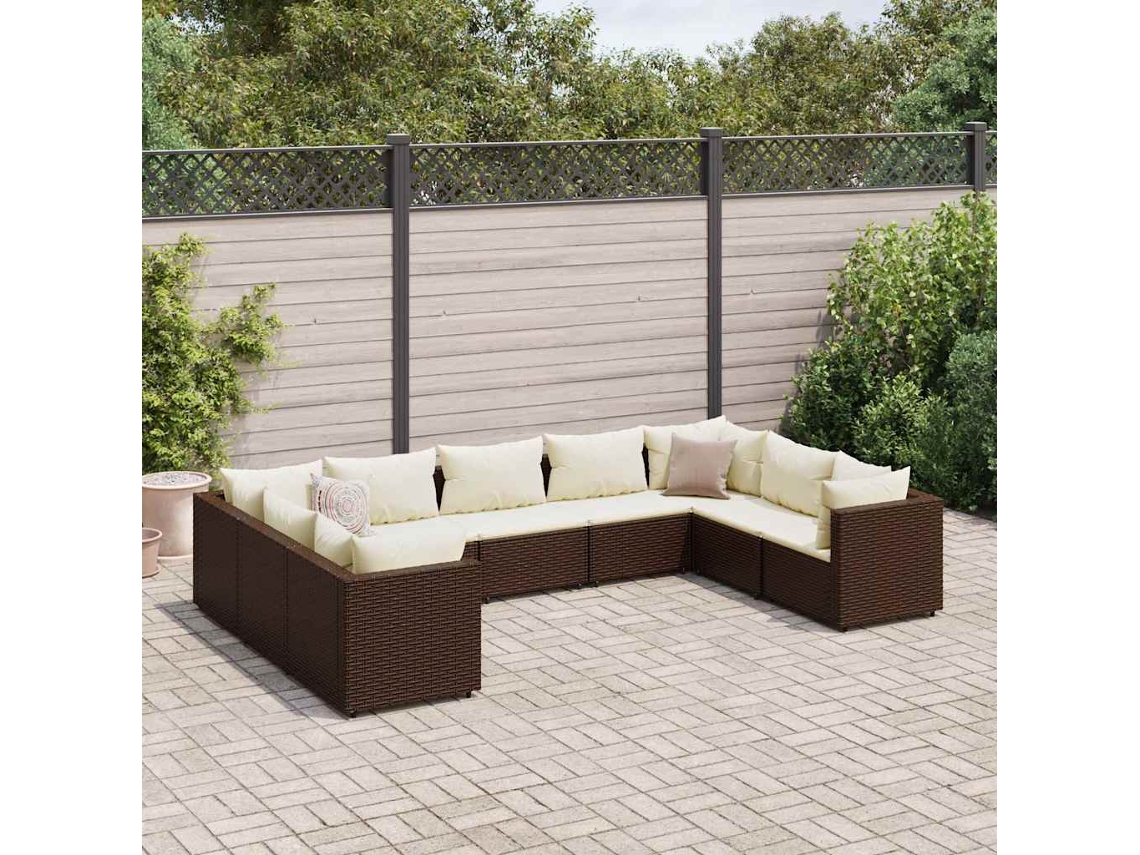 Vidaxl 9 Pcs Conjunto Lounge De Jardim C/ Almofadões Vime Pe Castanho