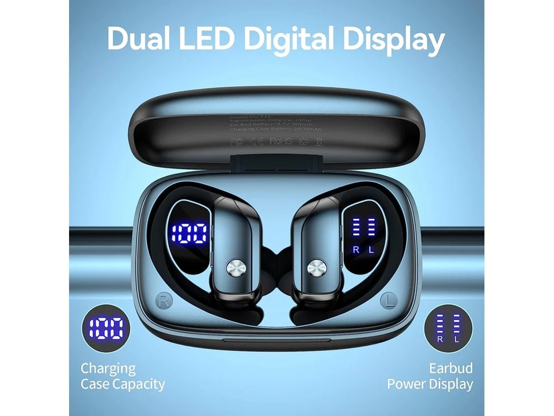 Auscultadores Fios Horas Reprodução Desportivos Visor Led Ganchos Yizhood Bluetooth Preto