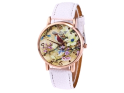 Relógio de pulso Zhoulianfa Quartz com pulseira de PU, estampa de flores e pássaros (branco)