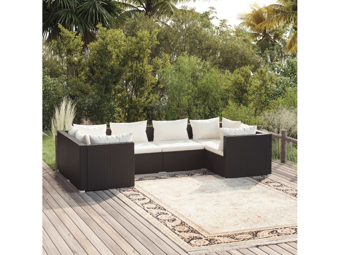 Conjunto Lounge Jardim 6 Peças C/ Almofadões Vime Pe Preto Dkd Home Decor