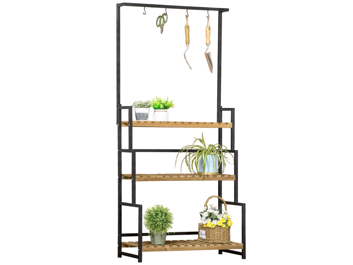 Suporte de Madeira para Plantas Suspensas com 3 Níveis + Barra de Suporte com 4 Ganchos para Pendurar Vasos, 80 X 36 X 174 Cm CHEZMOI