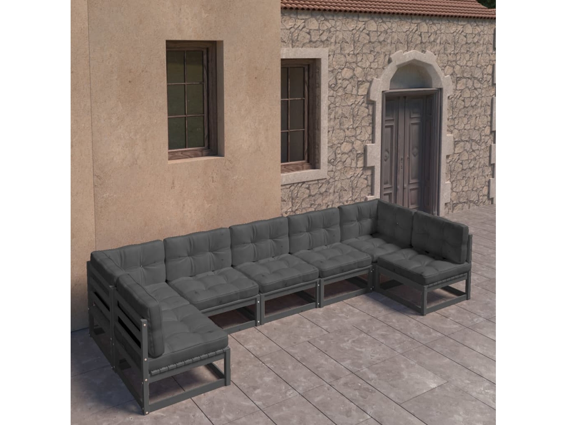 7pcs Conjunto Longue De Jardim C/ Almofadões Pinho Maciço Preto Dkd Home Decor