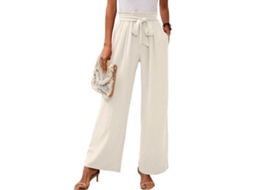 2026 pantalones de Descanso de Pierna Ancha para Mujer Con Bolsillos Ligeros de Cintura Alta Ajustable Lazada L Blanco