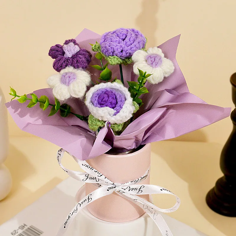 (roxo) 1 Peça De Buquê De Rosas Feito À Mão Em Crochê, Tricotado Com Rosas E Margaridas.
