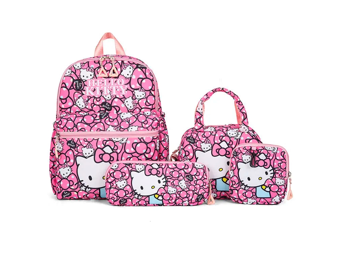 Linda mochila escolar infantil Sanrio Hello Kitty Melody Kuromi com desenho da Sanrio, estojo e carteira nova.