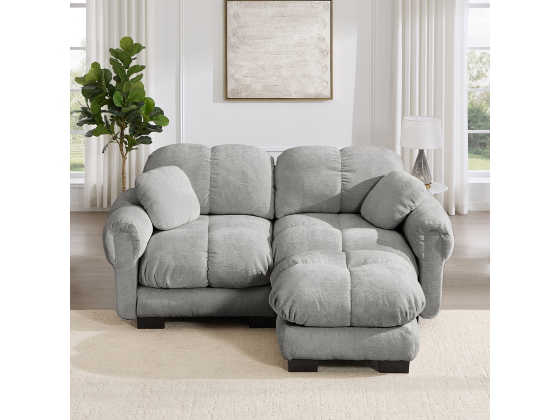 Sofá L-shaped Modular Cinza Claro De 2 Lugares Em Chenille, Com Otomana Móvel, Almofadas Grossas, Design Acolchoado, Fácil Montagem