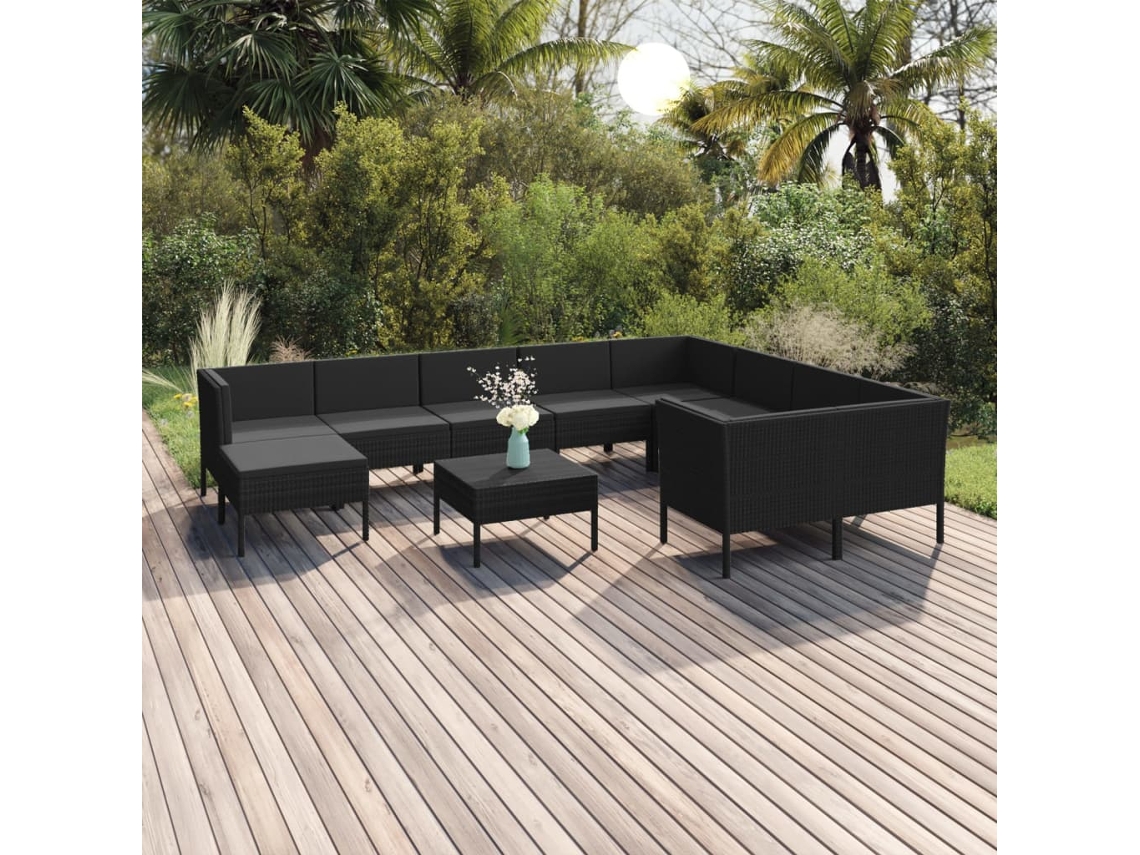 Vidaxl 11 Pcs Conjunto Lounge De Jardim C/ Almofadões Vime Pe Preto