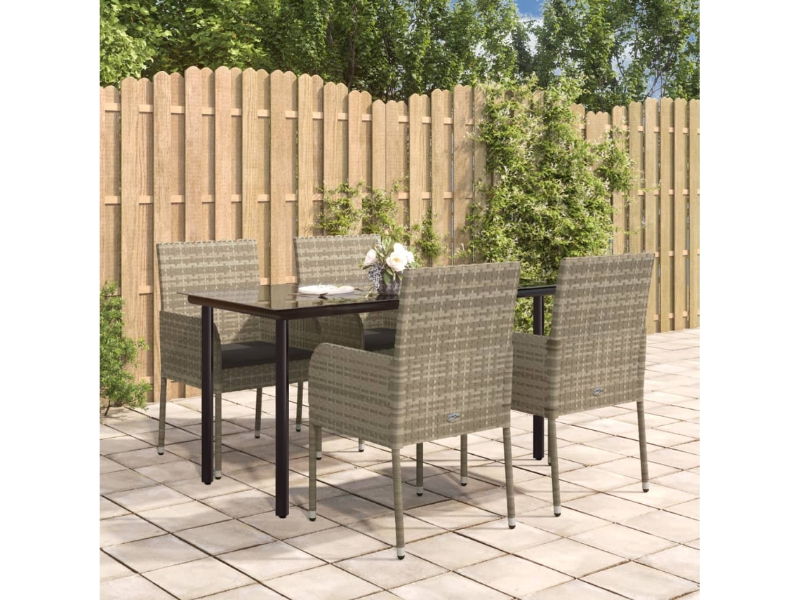 Vidaxl 5 Pcs Conjunto Jantar Jardim C/ Almofadões Vime Pe Preto/cinza