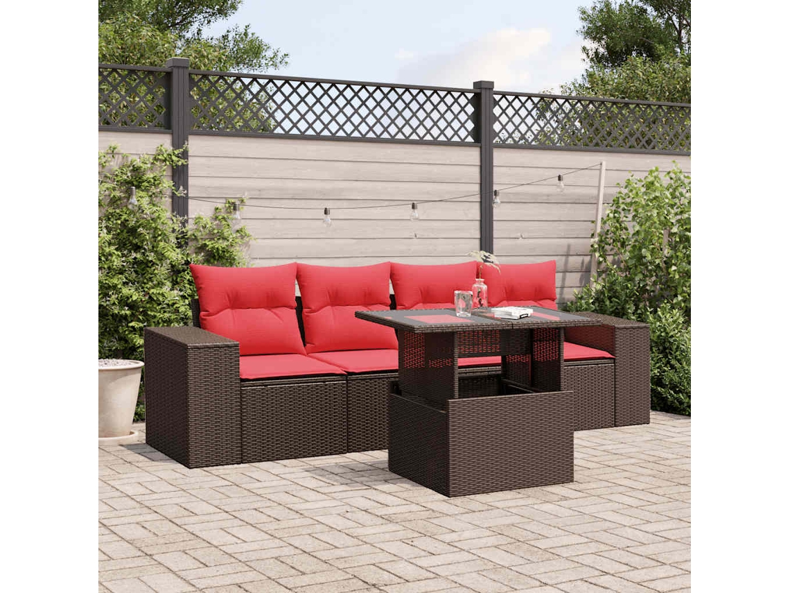 Vidaxl Conjunto De Sofá De Jardim De 5 Peças Com Almofadas Em Rattan Sintético Marrom