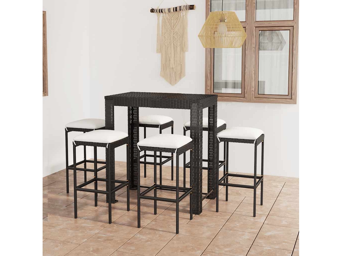 Vidaxl 7 Pcs Conjunto De Bar P/ Jardim C/ Almofadões Vime Pe Preto