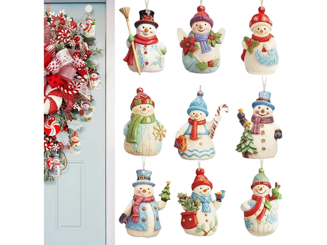 Conjunto De Enfeites De Boneco De Neve Em Madeira.