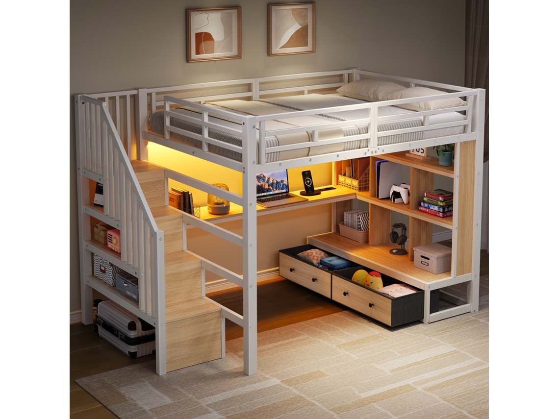 Cama Alta 140x200 Metal Branca Com Mesa Prateleiras Gavetas Escada Armazenamento