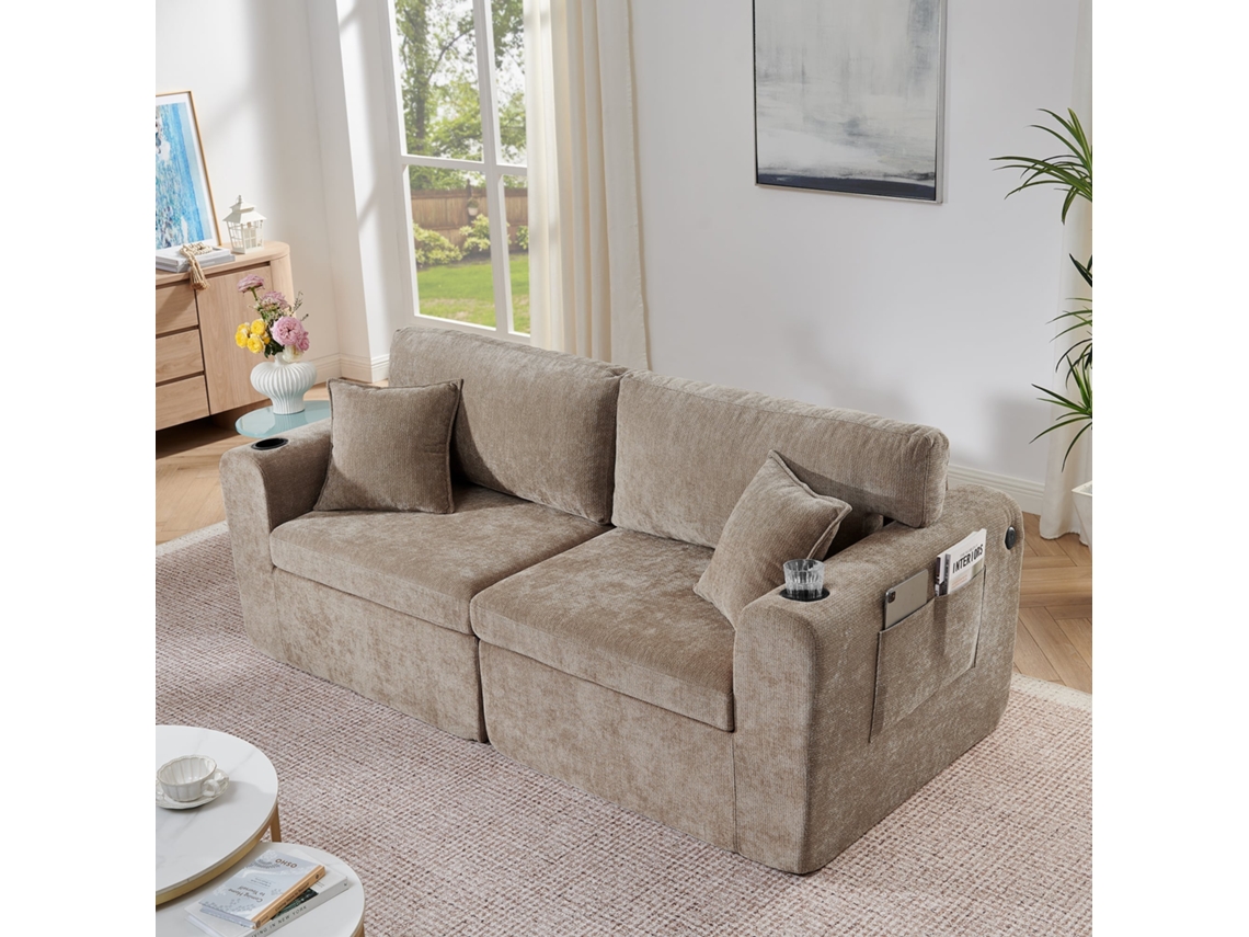 Sofá Relax 2 Lugares Compacto, Chenille, Bolsos Laterais NOVELA