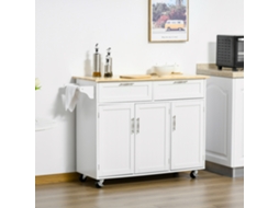 Carrinho de Cozinha C/rodas 2 Gavetas 3 Portas Prateleiras Ajustáveis e Barra para Sala Jantar 121x46x91 Cm Branco