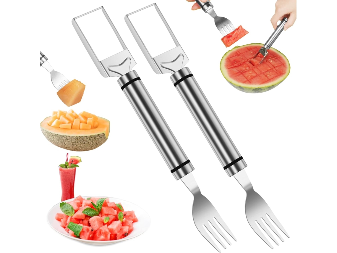 Conjunto De 2 Cortadores De Frutas 2 Em 1 Em Aço Inoxidável, Colher Para Melão, Ferramenta Dupla Para Corte Rápido De Melancia Na Cozinha