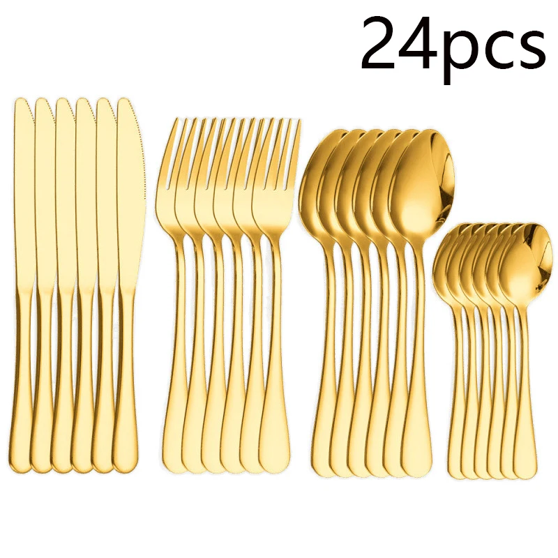 Conjunto De Talheres Estilo Ocidental (24 Peças, Dourado) Em Aço Inoxidável, Ideal Para Encontros Festivos.