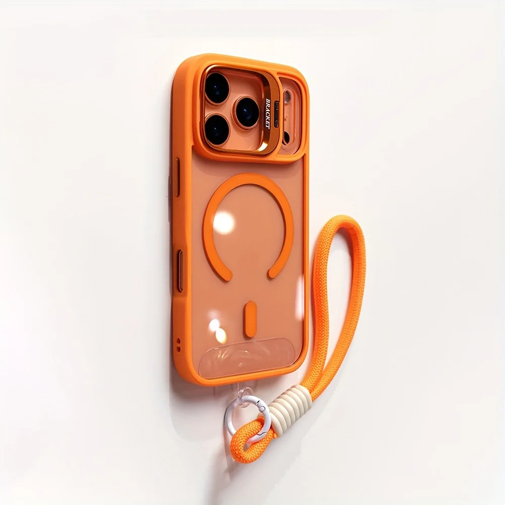 Capa Transparente Magnética Para Iphone Air (laranja) Com Suporte Para Lente E Alça De Pulso Magsafe.