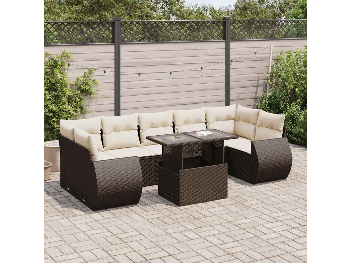 Jogo de Sofá Jardim 8 Peças C/ Almofadões Vime Pe Marrom Dkd Home Decor