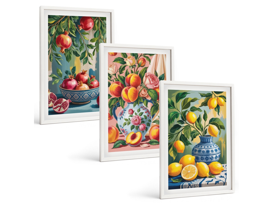 Conjunto De Pinturas Composições De Frutas, Romãs Espelharte (3 Peças 40x60 Cm)