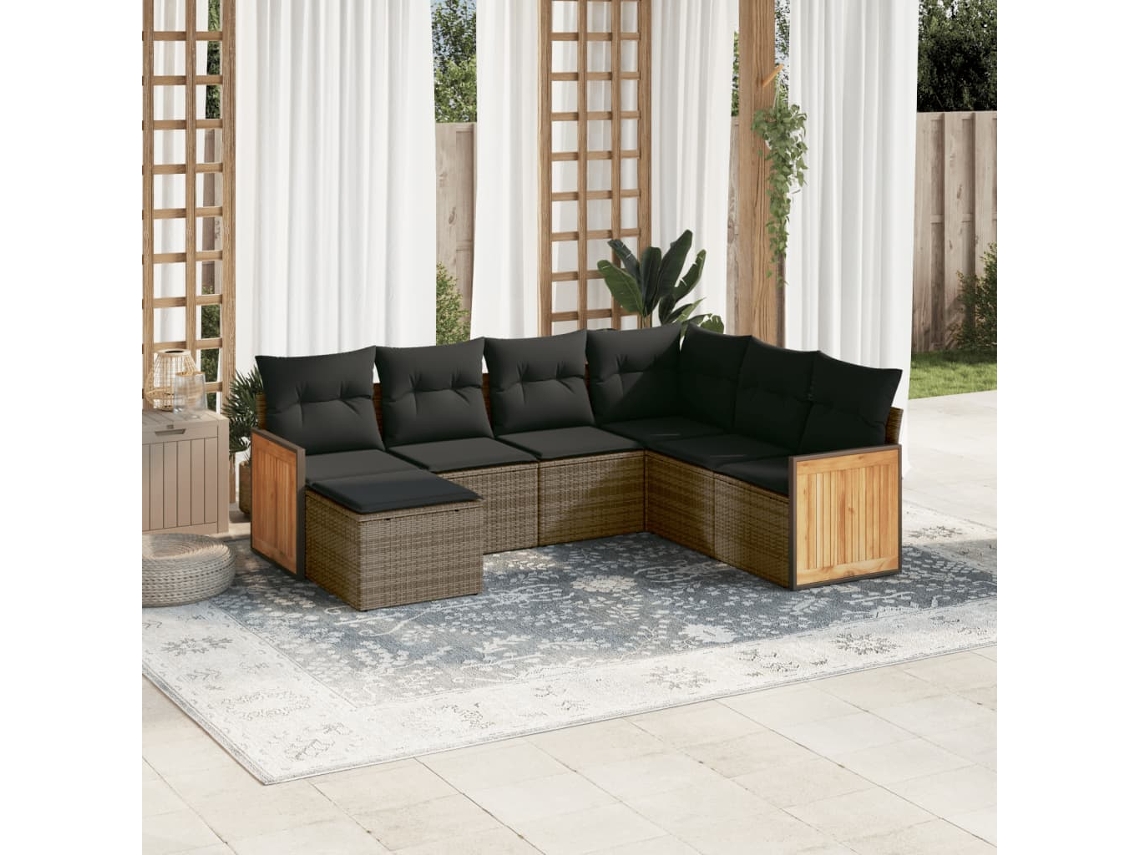 Vidaxl 7 Pcs Conjunto Sofás P/ Jardim C/ Almofadões Vime Pe Cinzento