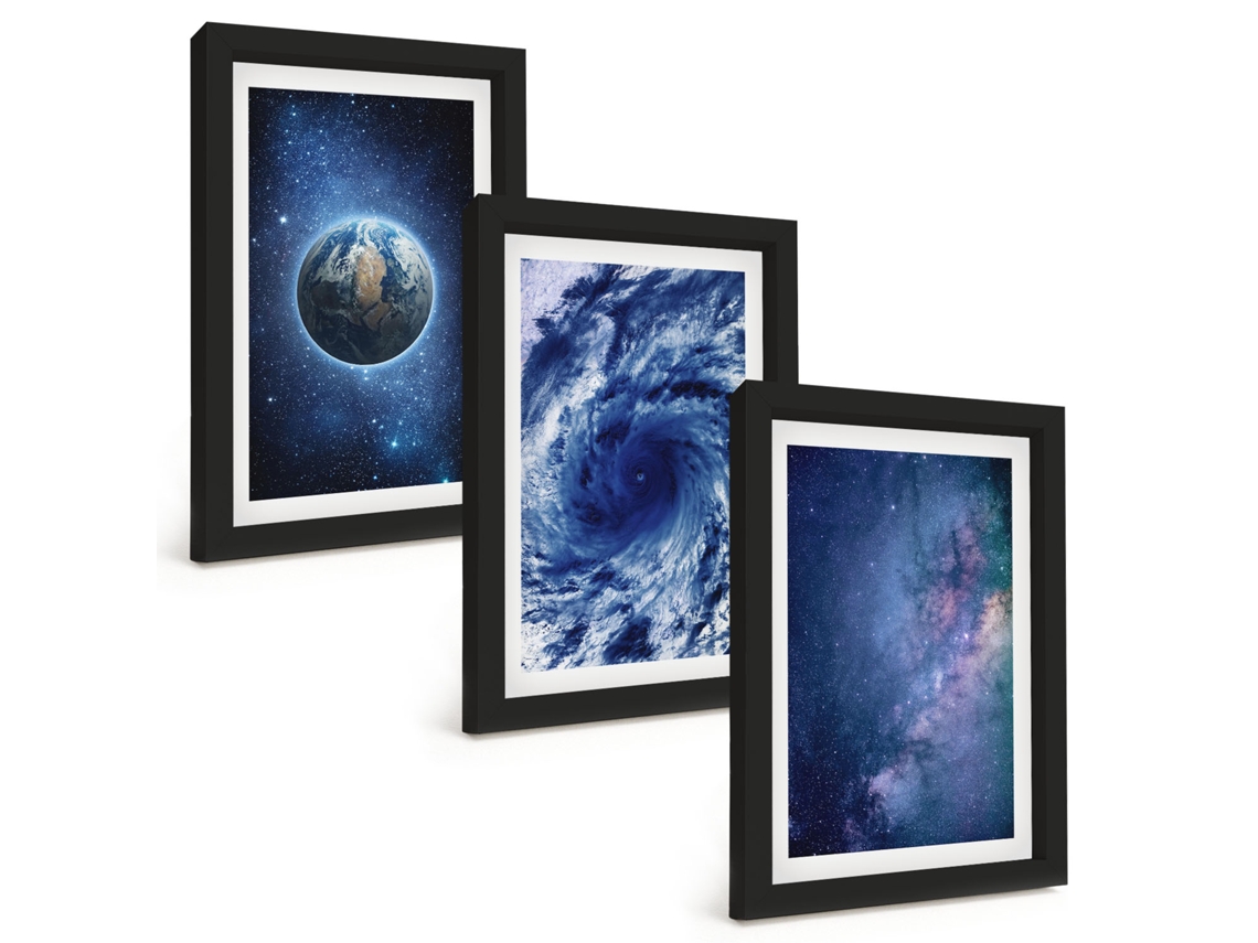 Composição De Quadros Terra, Espaço, Tempestade, Galáxia Moldura Preta Imagens Para Um Quarto Infantil Espelharte (3 Peças 20x30 Cm)