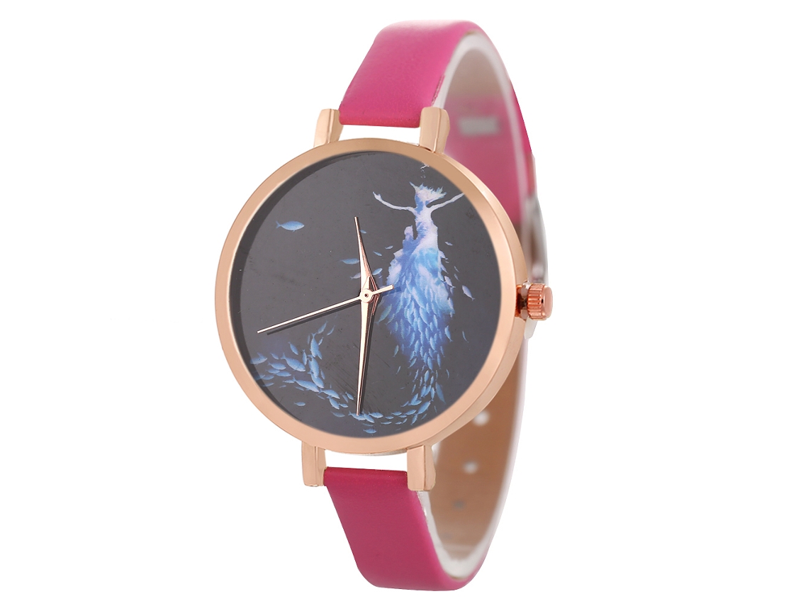 Relógio de Pulso Feminino de Quartzo com Pulseira de Couro Pu Simples Mostrador Redondo Rosa Vermelho
