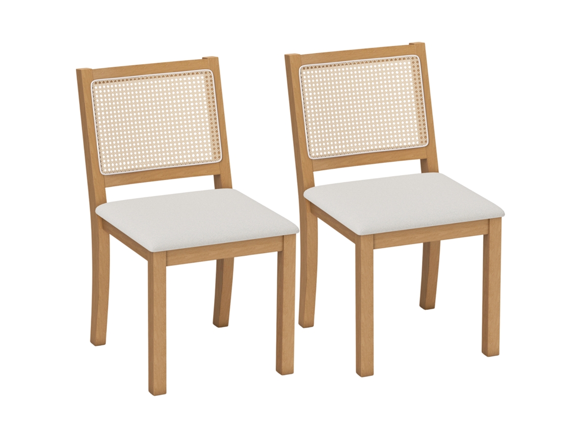 Conjunto De 2 Cadeiras De Jantar/cozinha Com Assento Acolchoado, Encosto Com Efeito Rattan, Nas Cores Creme E Carvalho.