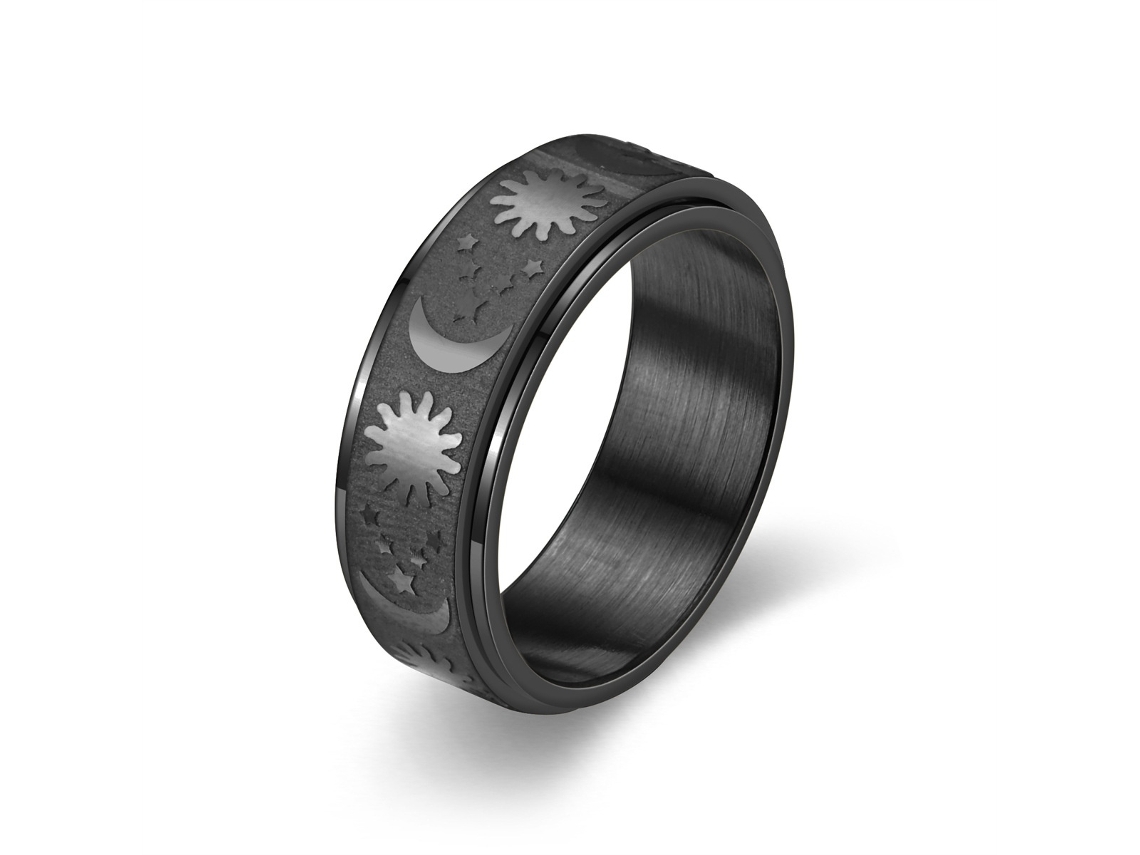 Anel Giratório Antisstress Com Design De Sol, Lua E Estrela, Cor Preto, Modelo 10 Tressino