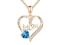 Colar Pingente Coração “mom” em Ouro Rosa, com Pedra Azul e Zircônias, Presente Delicado para o Dia da Mãe, Ergonômico, Uso Diário STELASPLEN