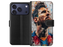 Capa Carteira Compatível Com Apple Iphone 17 Pro. Retrato Artístico De Lionel Messi Com Cores Vibrantes E Estilo Detalhado.