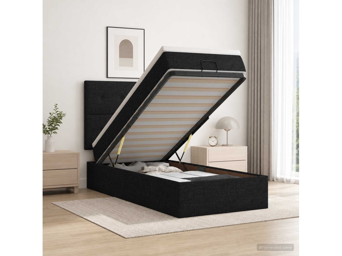 Vidaxl Cama Ottoman Com Colchão Com Cabeceira Preto 80 X 200 Cm Tecido