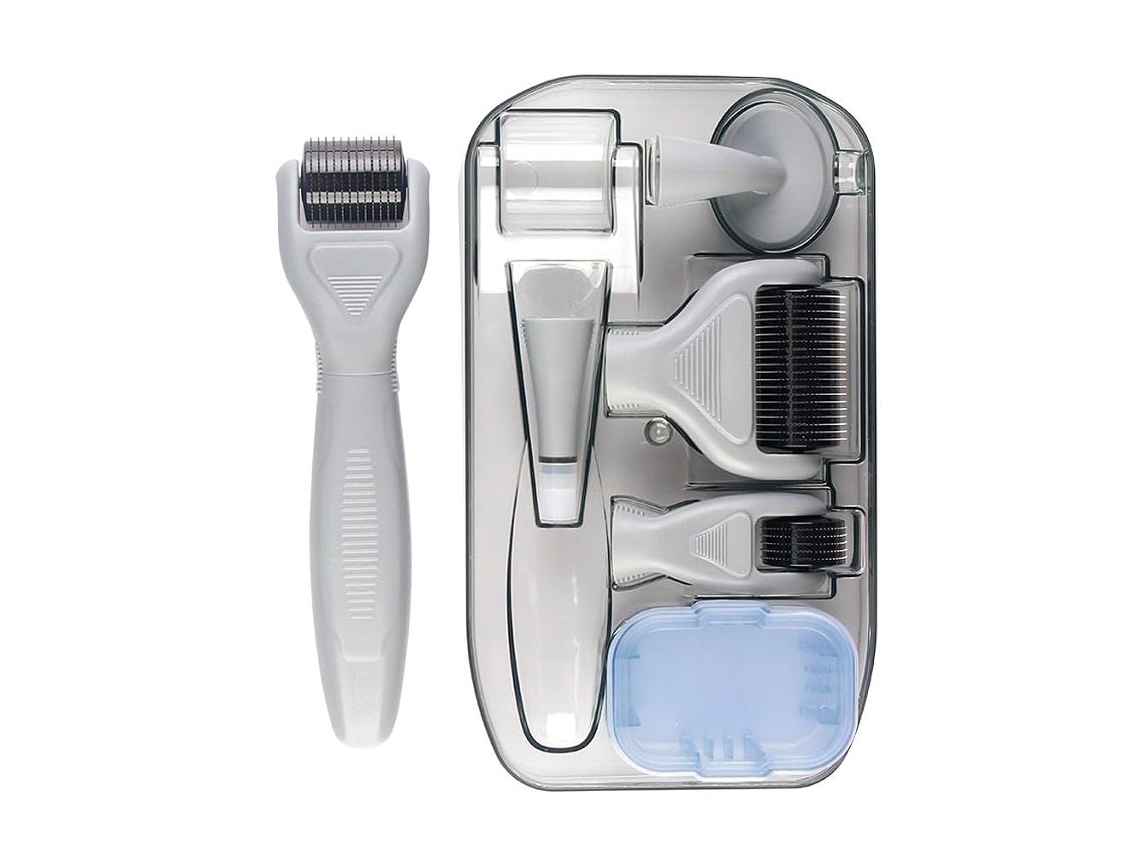 Kit Dermaroller 6 em 1 Cor Cinza Claro, 0,3mm Titânio Microagulhas, Cabeças Intercambiáveis para Rosto e Corpo. YANYXR