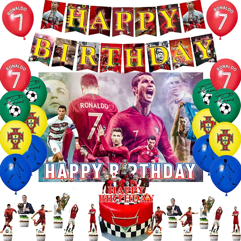 Conjunto De Decoração Para Festa Aniversário Do Cr7 Com Tema Futebol, Incluindo Banner, Balões Látex, Painel Fundo, Bolo E Suprimentos Festa