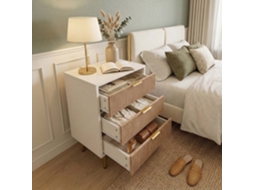 Lazyspace - Conjunto 2 Mesinhas De Cabeceira Mdf Com 3 Gavetas E Pés Em Metal, Branco E Madeira, 65x40x40 Cm