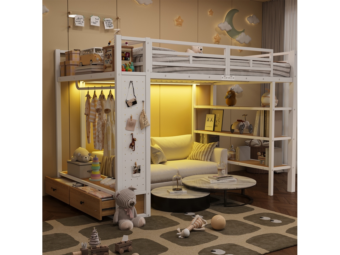 Cama Alta 140x200 Com Armário, Prateleiras, Parede Perfurada E Led Branco