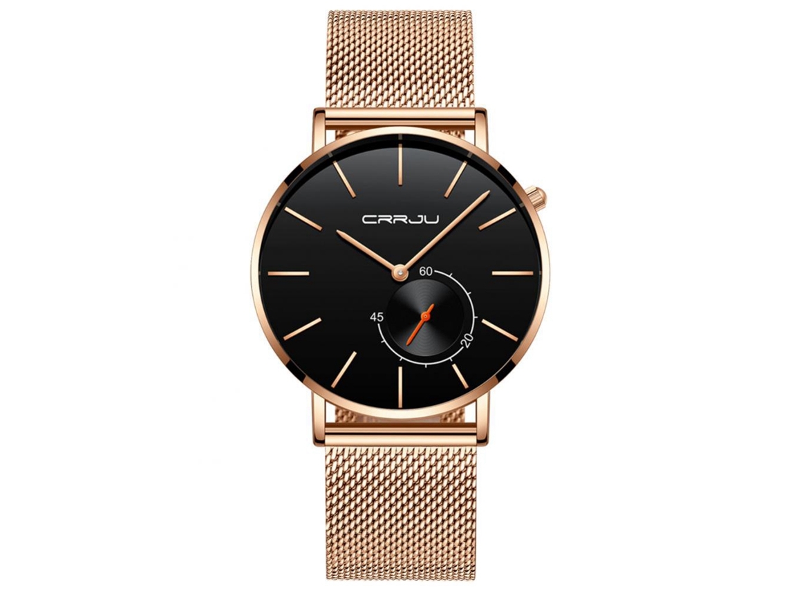 Relógio de pulso analógico Crrju com pulseira de liga metálica, mecanismo de corda manual, movimento de quartzo, mostrador redondo rosa, vermelho e preto.