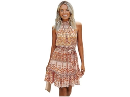 Vestido Halter Feminino Estampado Floral A-line Sem Mangas Cintura Alta Elástica Decote Alto Costas Abertas Laranja